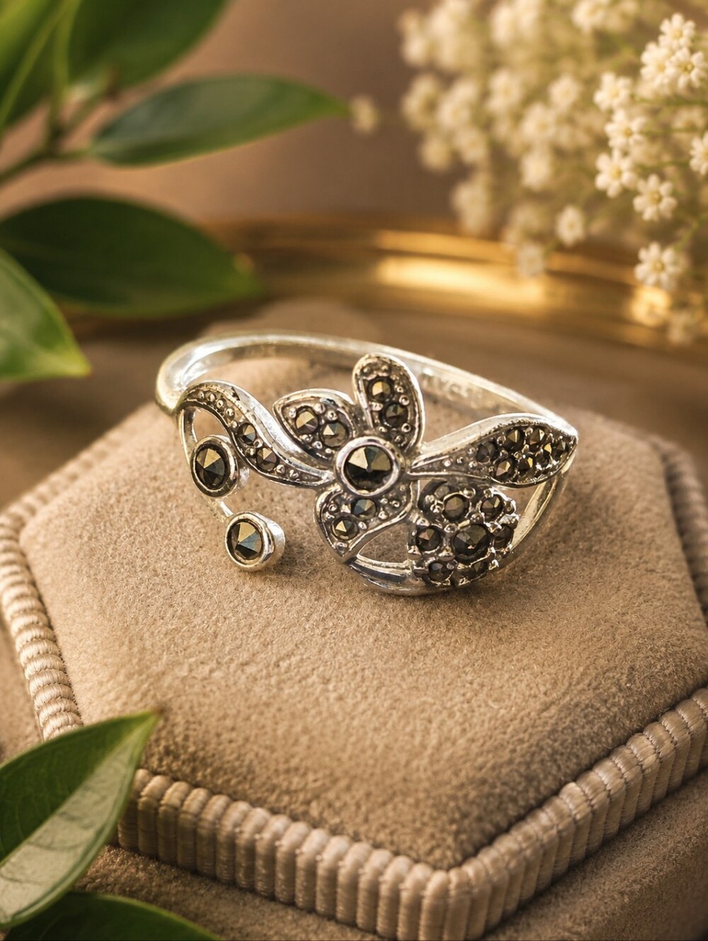 Sterling Silver Floral Marcasite Bypass Ring – Approx. Size 9